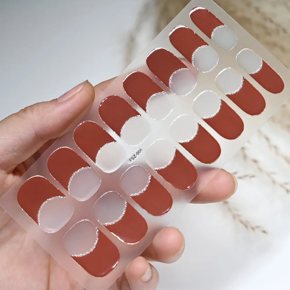 Black White French Gel Nail Wraps Sticker Semi-Cured Glitter Powder French Gel Nail Strips Long-Lasting LED Lamp UV Gel Slider