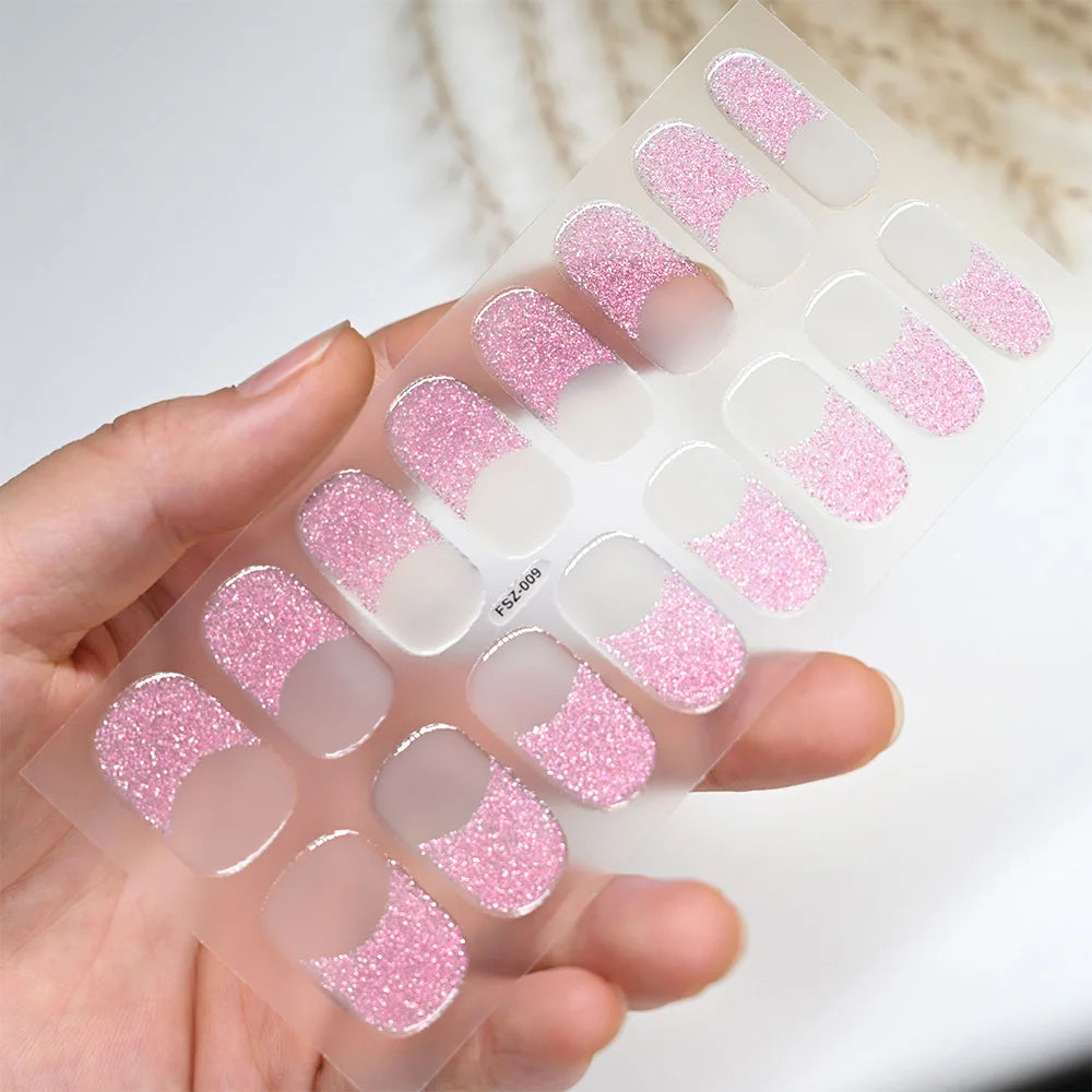 Black White French Gel Nail Wraps Sticker Semi-Cured Glitter Powder French Gel Nail Strips Long-Lasting LED Lamp UV Gel Slider