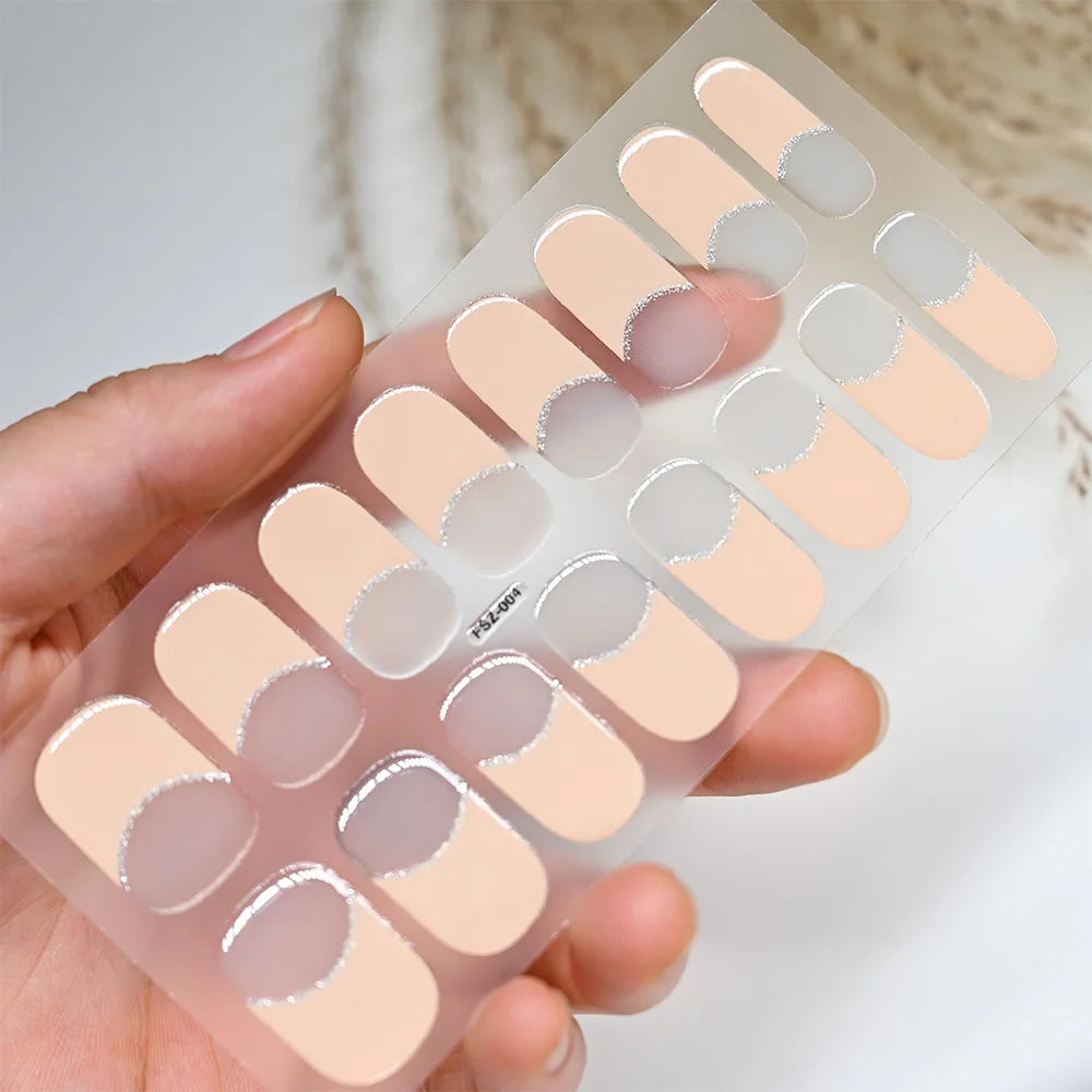 Black White French Gel Nail Wraps Sticker Semi-Cured Glitter Powder French Gel Nail Strips Long-Lasting LED Lamp UV Gel Slider
