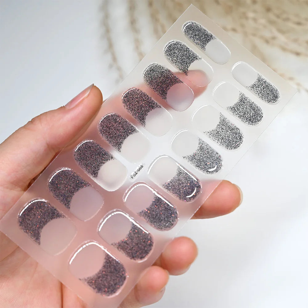 Black White French Gel Nail Wraps Sticker Semi-Cured Glitter Powder French Gel Nail Strips Long-Lasting LED Lamp UV Gel Slider