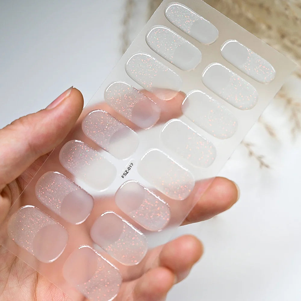 Black White French Gel Nail Wraps Sticker Semi-Cured Glitter Powder French Gel Nail Strips Long-Lasting LED Lamp UV Gel Slider