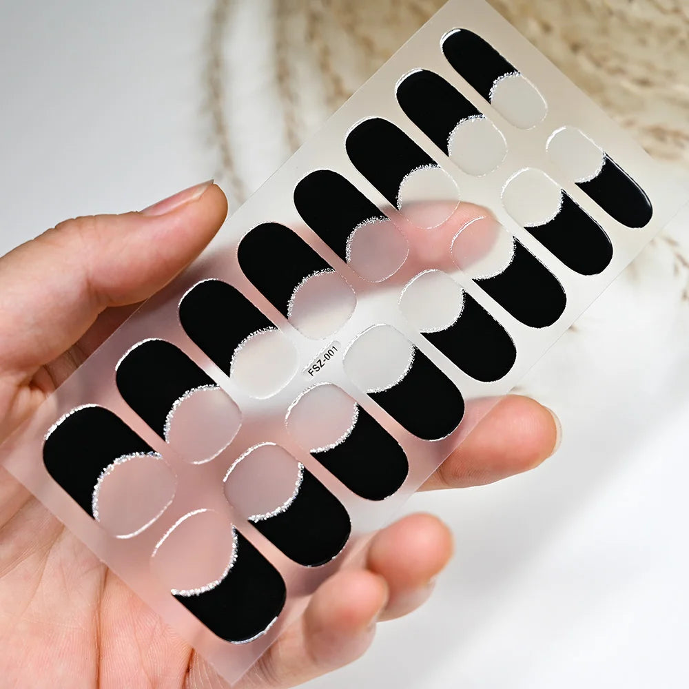 Black White French Gel Nail Wraps Sticker Semi-Cured Glitter Powder French Gel Nail Strips Long-Lasting LED Lamp UV Gel Slider