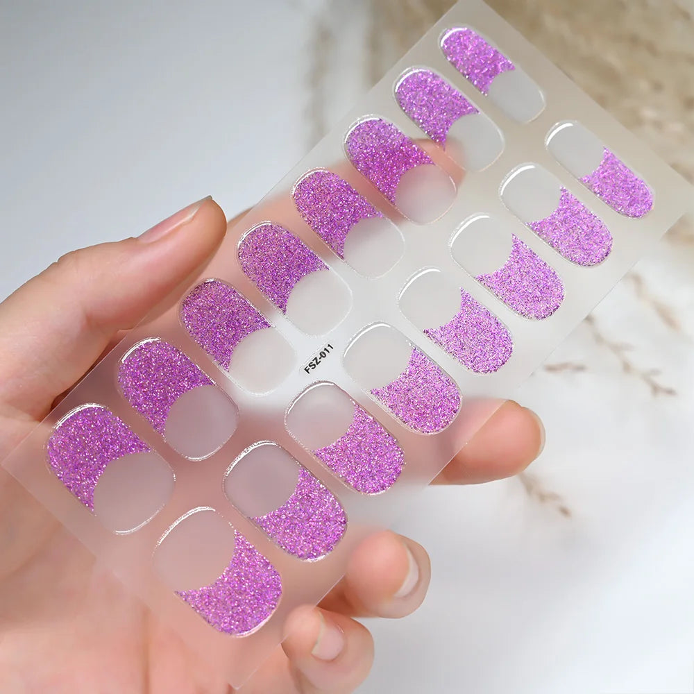 Black White French Gel Nail Wraps Sticker Semi-Cured Glitter Powder French Gel Nail Strips Long-Lasting LED Lamp UV Gel Slider