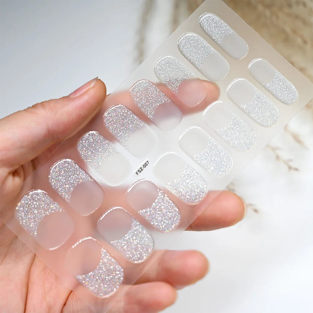Black White French Gel Nail Wraps Sticker Semi-Cured Glitter Powder French Gel Nail Strips Long-Lasting LED Lamp UV Gel Slider