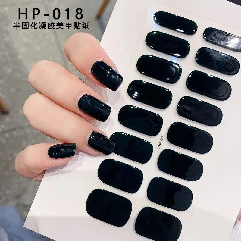 Black White French Gel Nail Wraps Sticker Semi-Cured Glitter Powder French Gel Nail Strips Long-Lasting LED Lamp UV Gel Slider