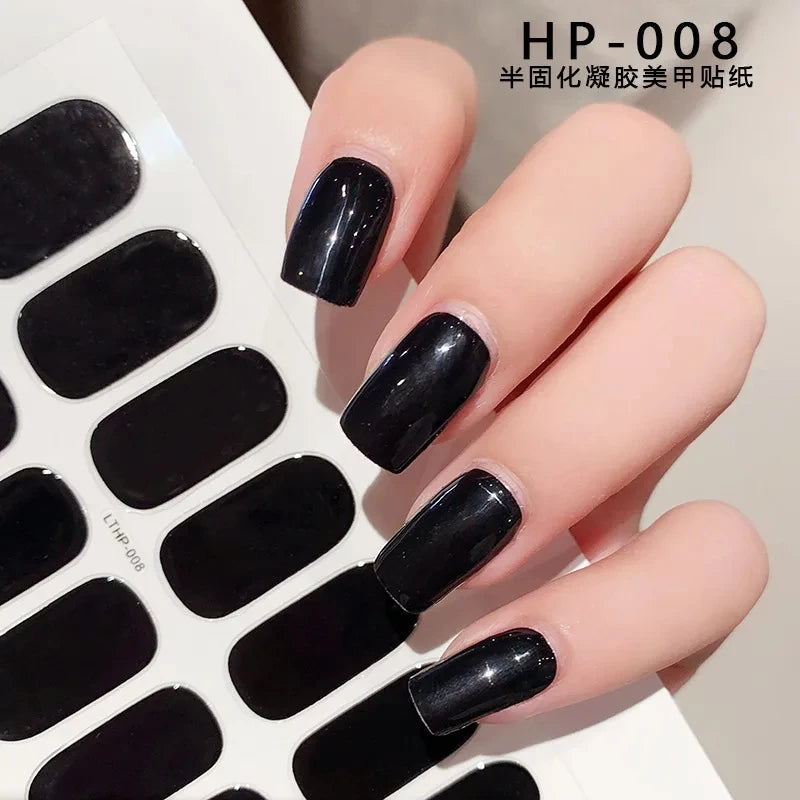Black White French Gel Nail Wraps Sticker Semi-Cured Glitter Powder French Gel Nail Strips Long-Lasting LED Lamp UV Gel Slider