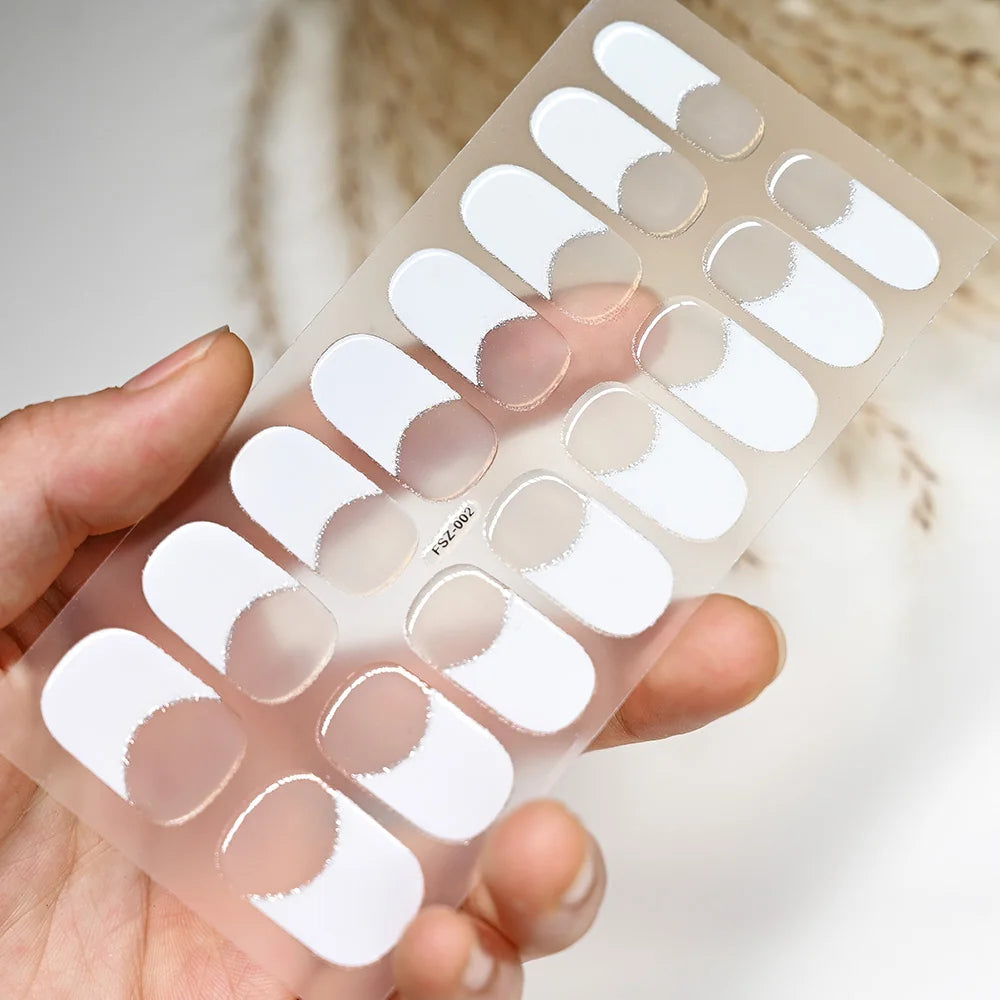 Black White French Gel Nail Wraps Sticker Semi-Cured Glitter Powder French Gel Nail Strips Long-Lasting LED Lamp UV Gel Slider
