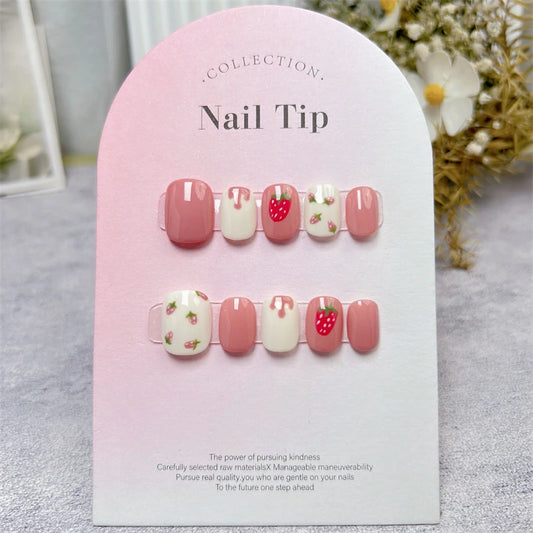 10pcs Handmade Press on Nails Round Head Fake Nails Cute Strawberry False Nails Kawaii Short Full Cover Finger Tips Manicure Art
