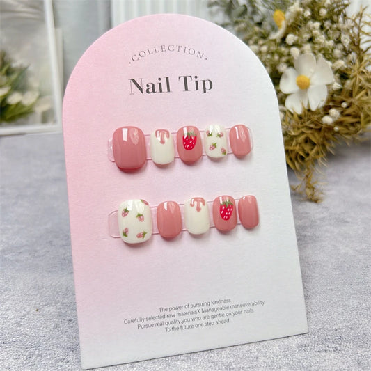 10pcs Handmade Press on Nails Round Head Fake Nails Cute Strawberry False Nails Kawaii Short Full Cover Finger Tips Manicure Art
