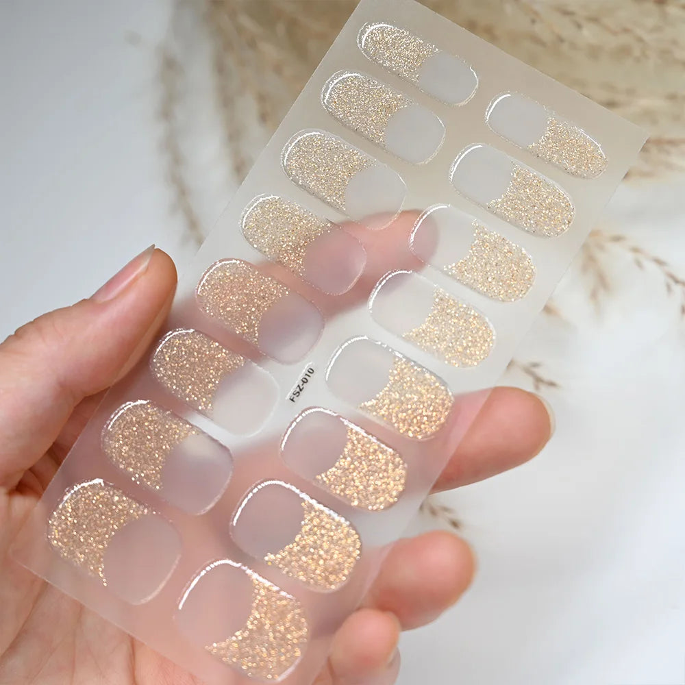 Black White French Gel Nail Wraps Sticker Semi-Cured Glitter Powder French Gel Nail Strips Long-Lasting LED Lamp UV Gel Slider