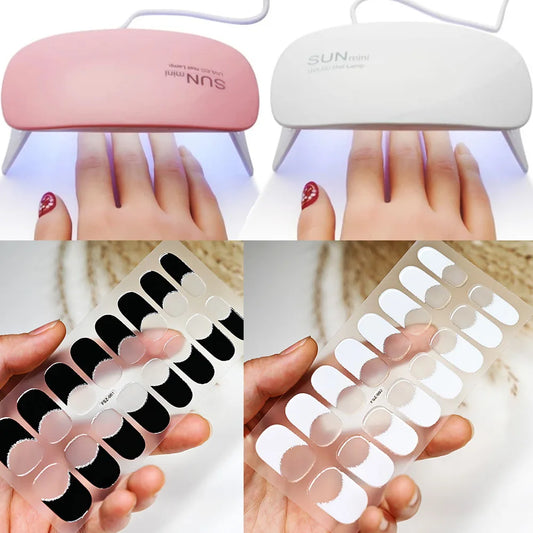Black White French Gel Nail Wraps Sticker Semi-Cured Glitter Powder French Gel Nail Strips Long-Lasting LED Lamp UV Gel Slider